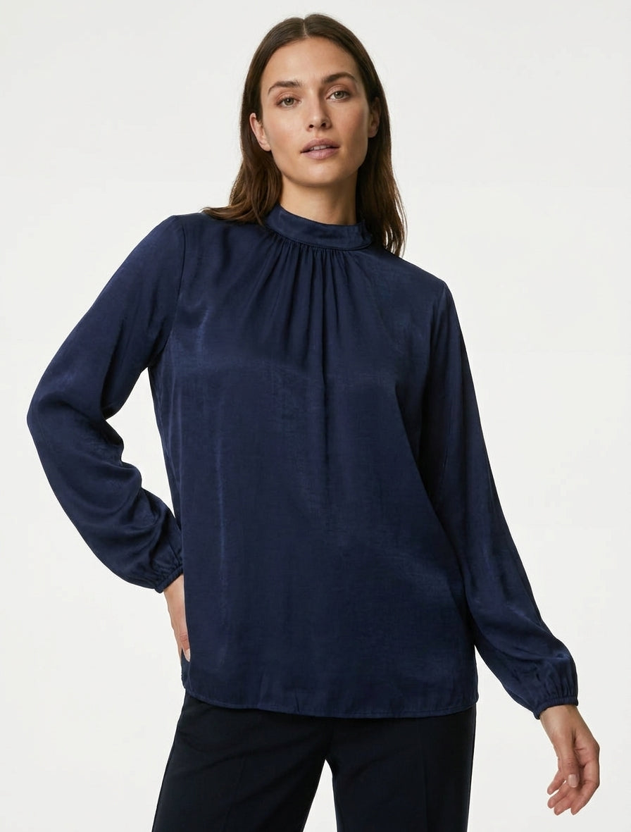 Satijnen blouse met elastische boorden - Marine