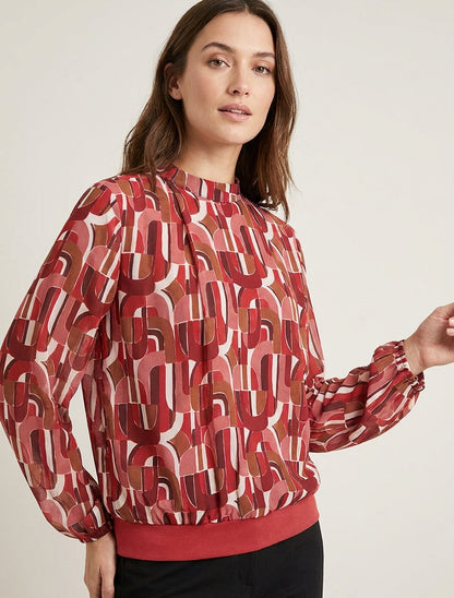 Retro bedrukte blouse met elastische manchetten - Rood