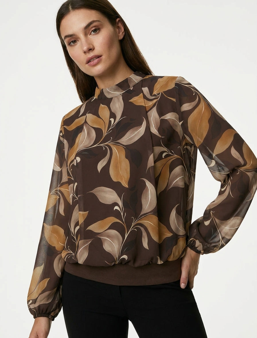 Blouse met bladprint en elastische manchetten - Bruin