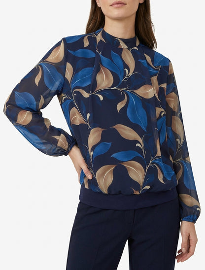 Blouse met bladprint en elastische manchetten - Marine