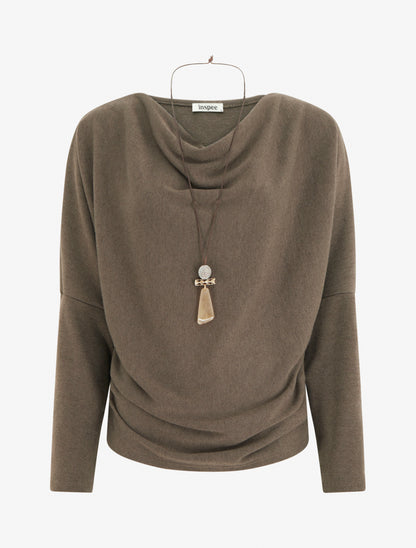 Pull fin à manches chauve-souris et col bénitier - Taupe foncé - 1