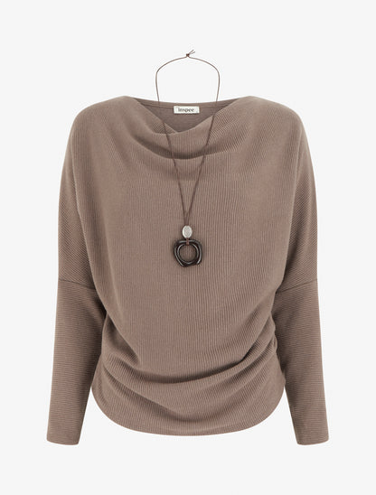 Pull côtelé à manches chauve-souris et col bénitier - Taupe - 1