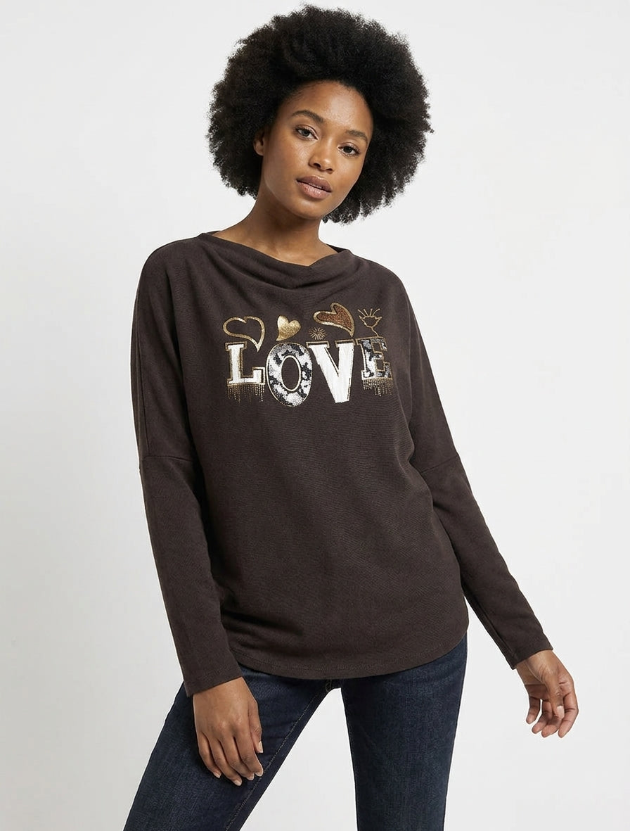 Trui met watervalhals en opschrift LOVE - Bruin