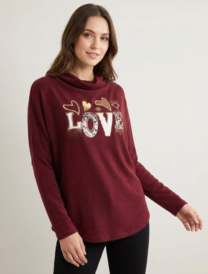Trui met watervalhals en opschrift LOVE - Bordeaux