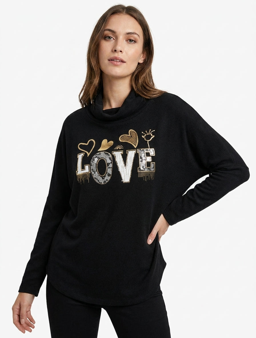 Trui met watervalhals en opschrift LOVE - Zwart