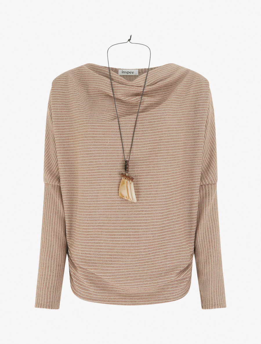 Pull à col bénitier en maille motif rayé - Camel - 1