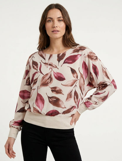 Top met bladprint en vlindermouwen. - Beige