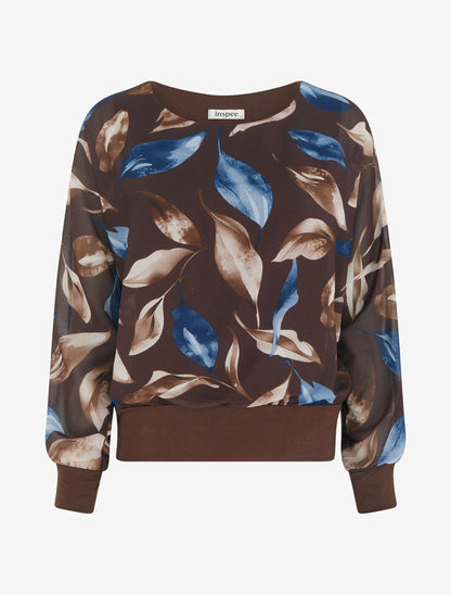 Top boule imprimé feuilles à manches chauve-souris - Marron - 1