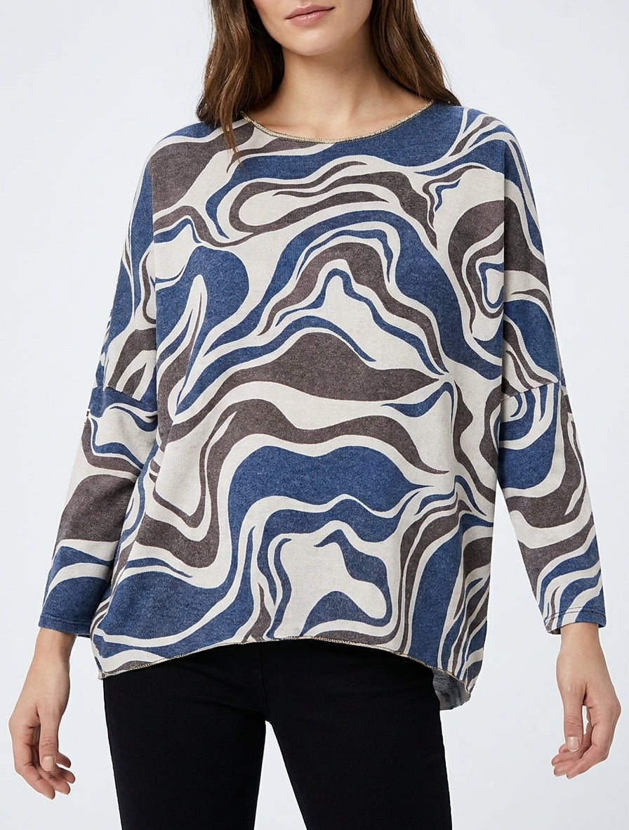 Dunne trui met abstracte print en ronde halslijn - Marine