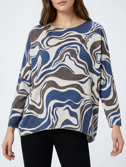Dunne trui met abstracte print en ronde halslijn - Marine