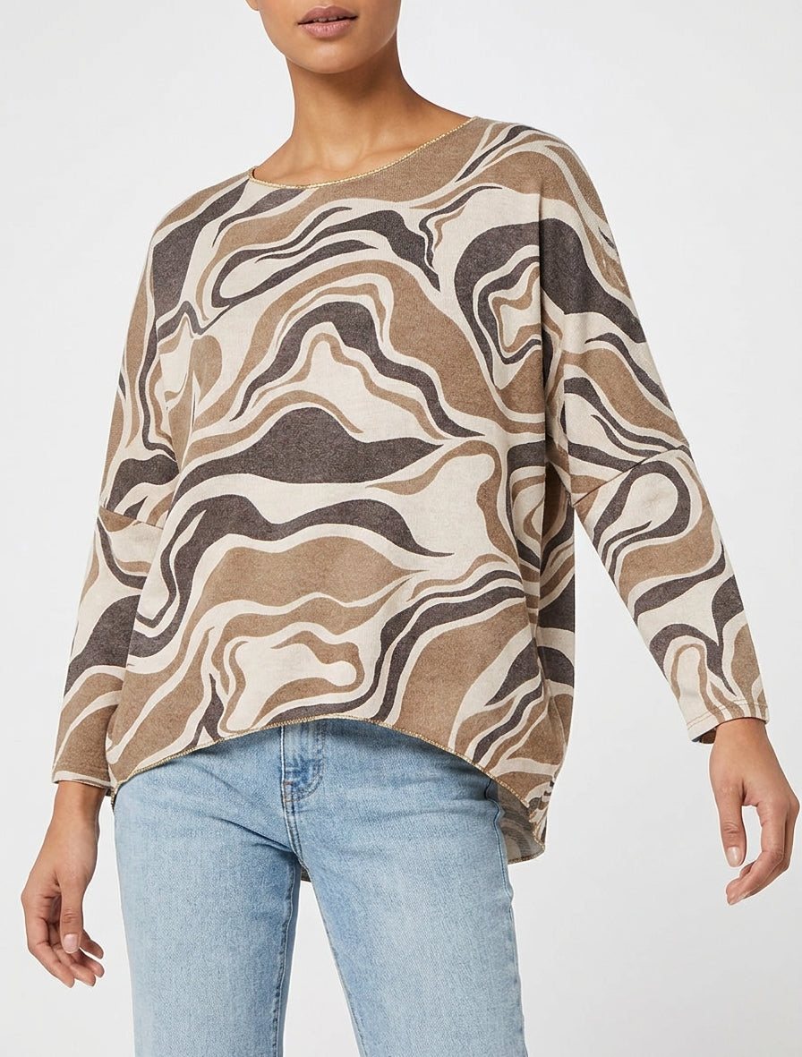 Dunne trui met abstracte print en ronde halslijn - Beige