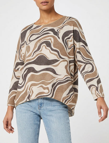 Dunne trui met abstracte print en ronde halslijn - Beige
