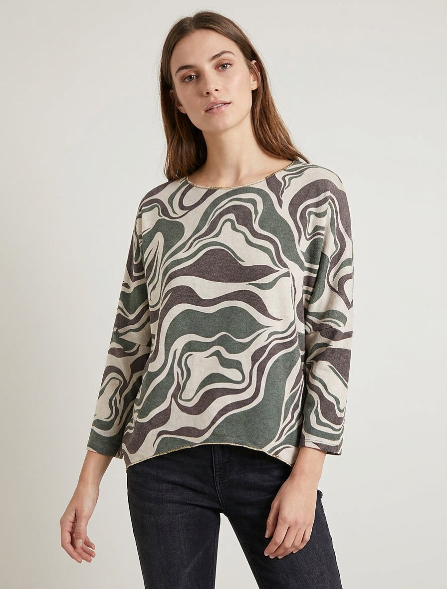 Dunne trui met abstracte print en ronde halslijn - Kaki