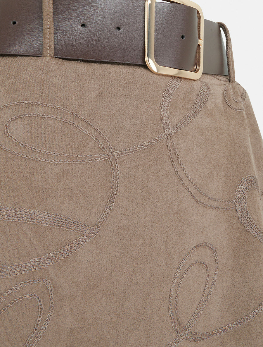 Jupe longue en suédine à broderies fantaisies - Taupe - 3