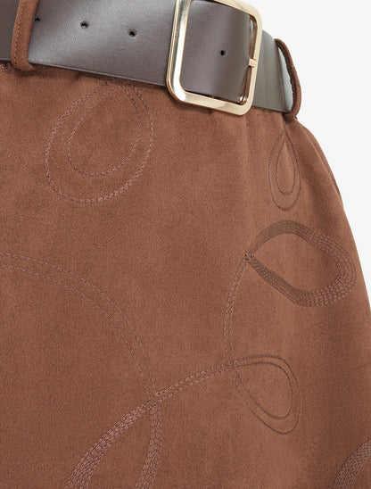 Jupe longue en suédine à broderies fantaisies - Marron - 3