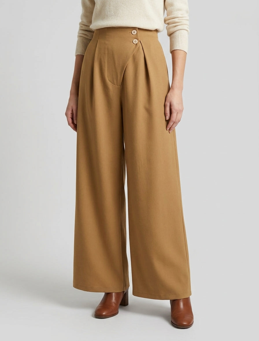Effen broek met elastische tailleband - Kameel