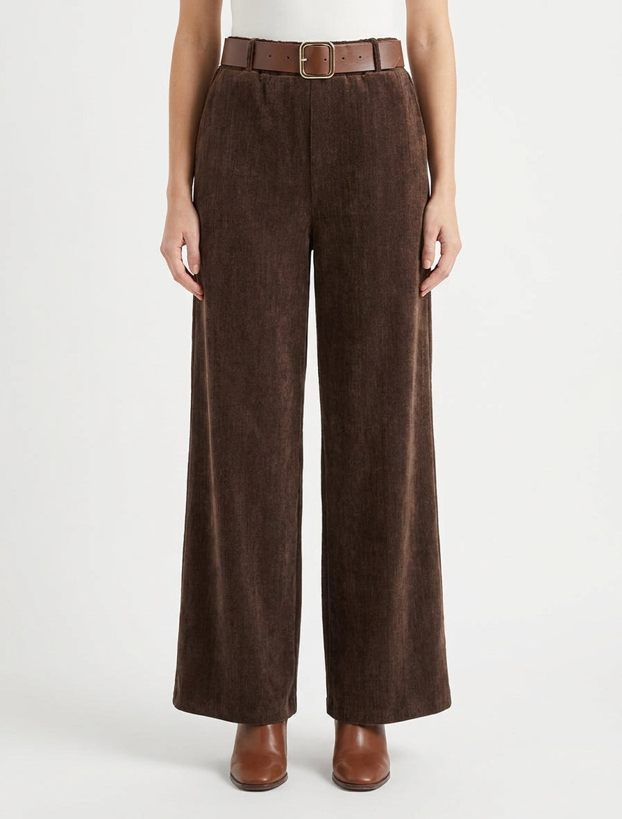 Fluwelen effect broek met elastische tailleband - Bruin