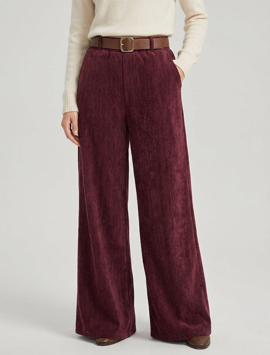 Fluwelen effect broek met elastische tailleband - Wijnrood