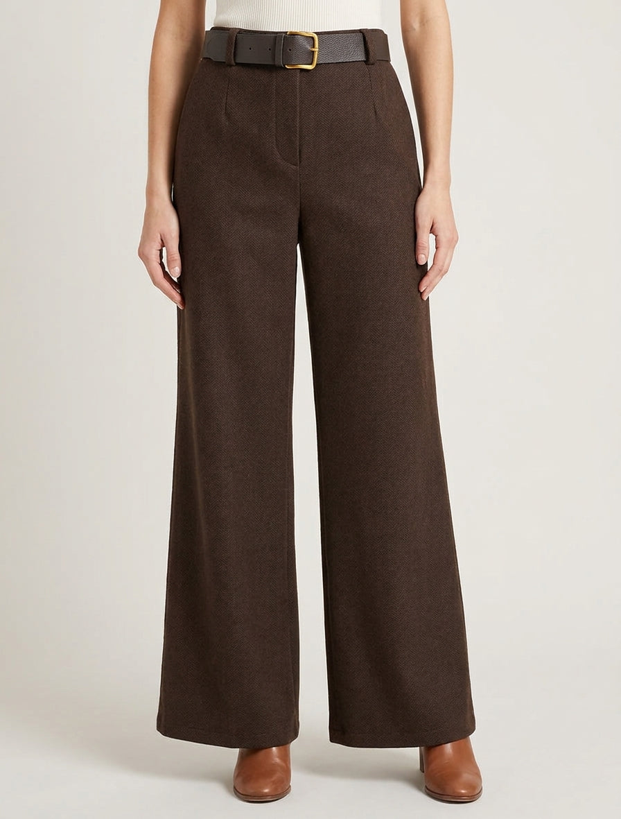 Wijde broek van vilt met hoge taille - Bruin