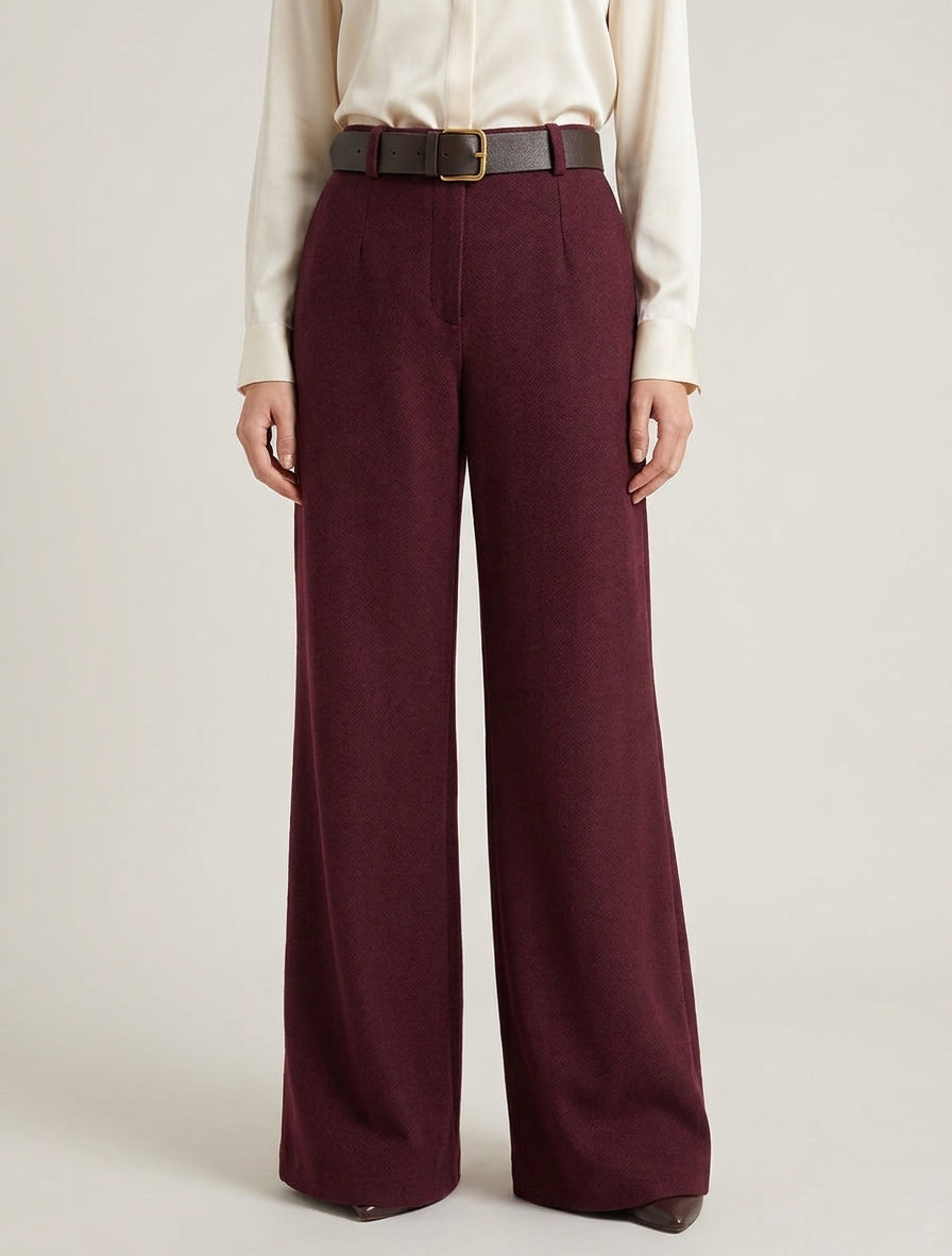 Wijde broek van vilt met hoge taille - Wijnrood