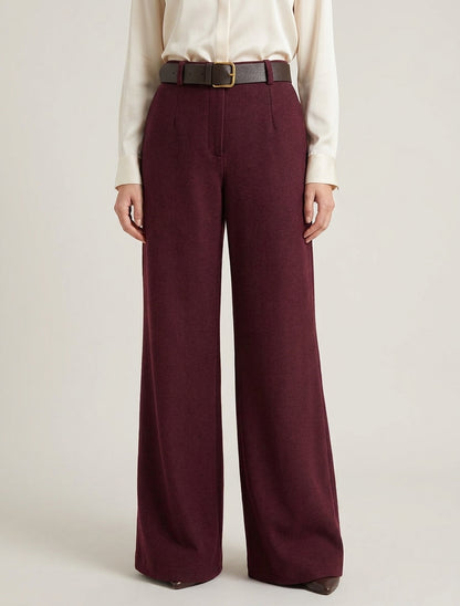 Wijde broek van vilt met hoge taille - Wijnrood