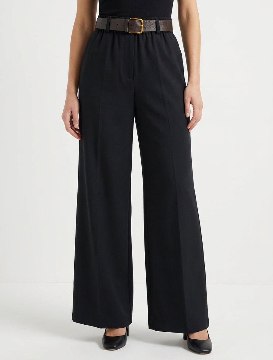 Effen wijde broek met elastische hoge taille - Zwart