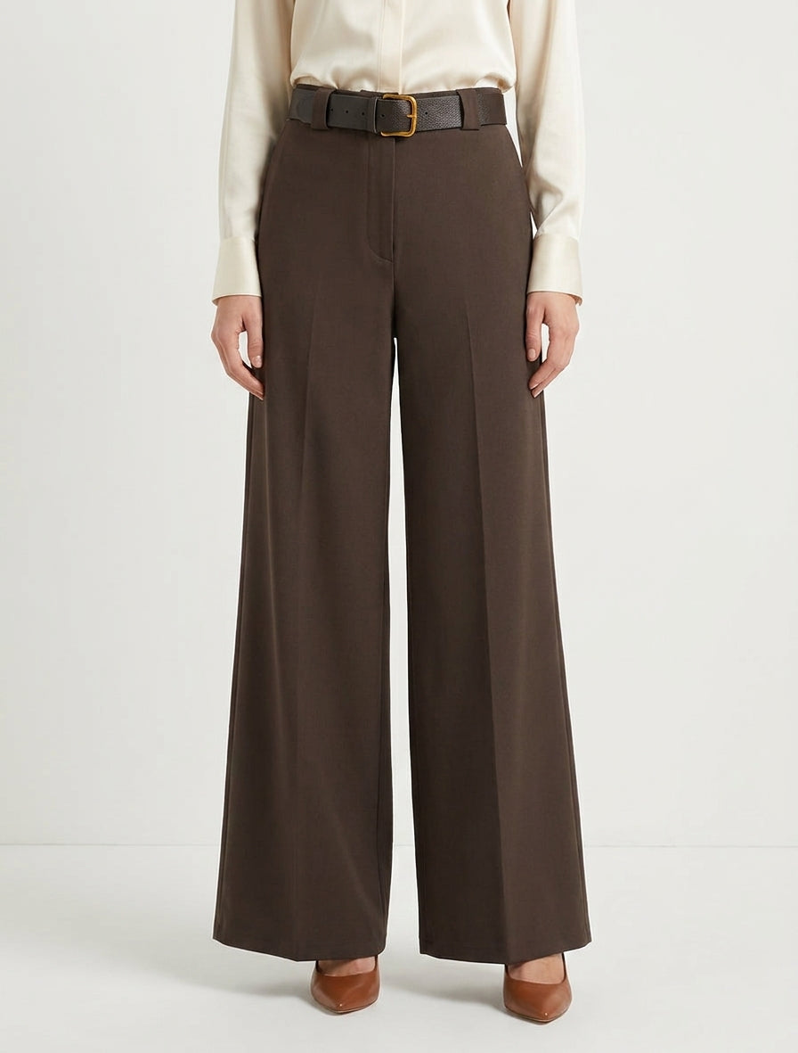 Effen wijde broek met elastische hoge taille - Bruin