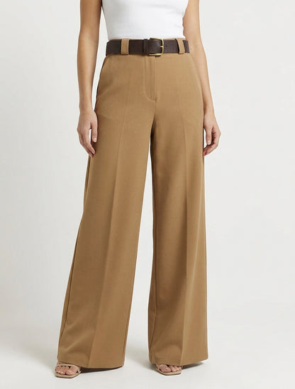 Effen wijde broek met elastische hoge taille - Kameel