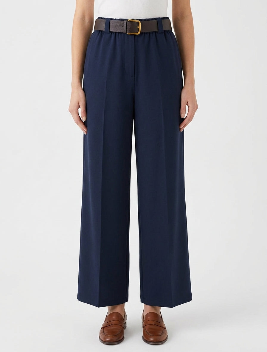 Effen wijde broek met elastische hoge taille - Marine