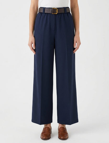 Effen wijde broek met elastische hoge taille - Marine