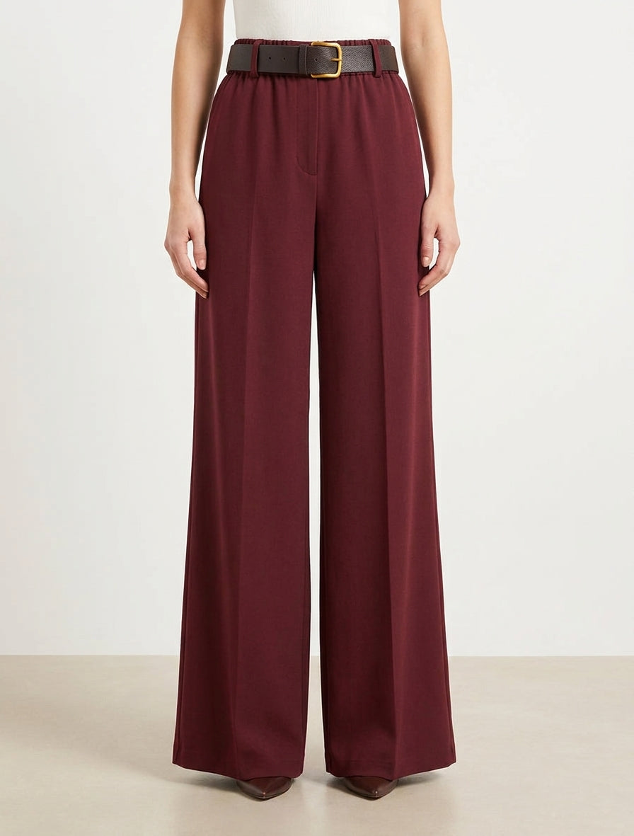 Effen wijde broek met elastische hoge taille - Bordeaux