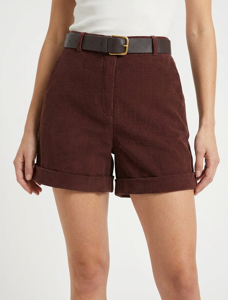 Hoog getailleerde corduroy korte broek - Donker bordeaux