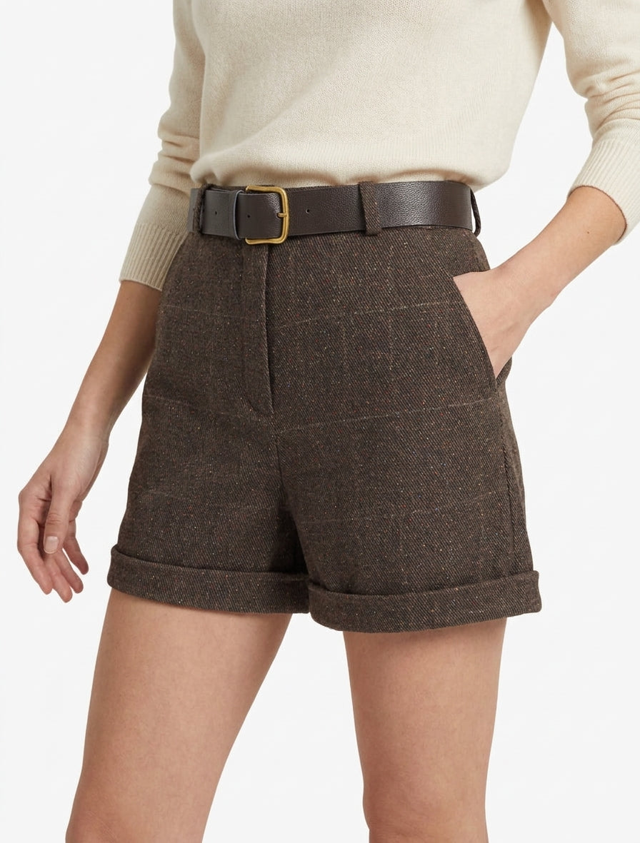 Hoog getailleerde geruite short - Bruin