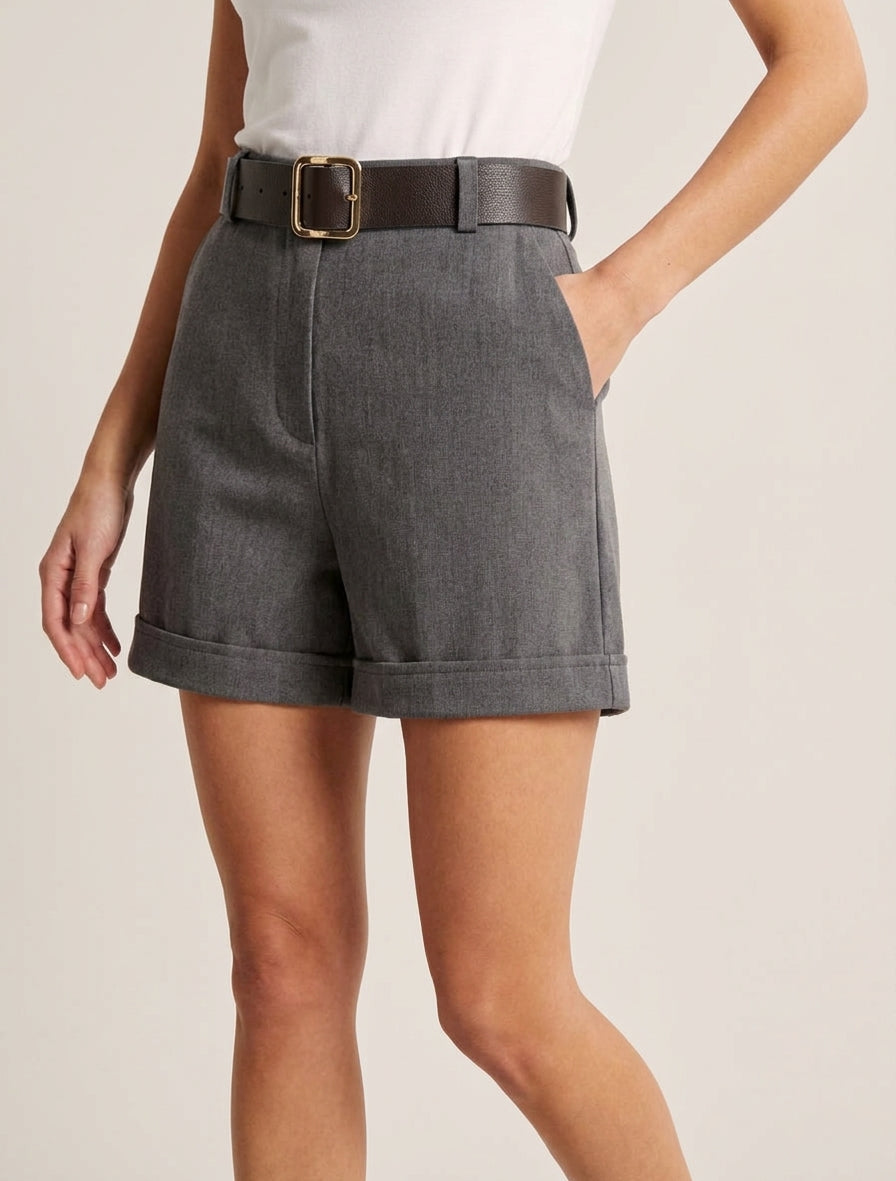Omgeslagen short met riem - Grijs