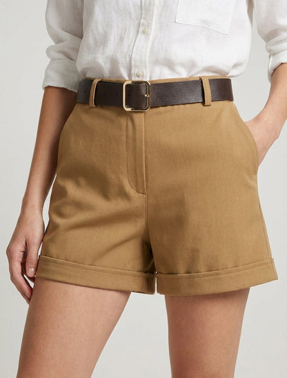 Omgeslagen short met riem - Kameel