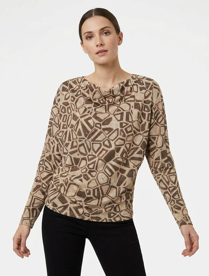 Iridescente top met watervalhals en grafische print - Bruin