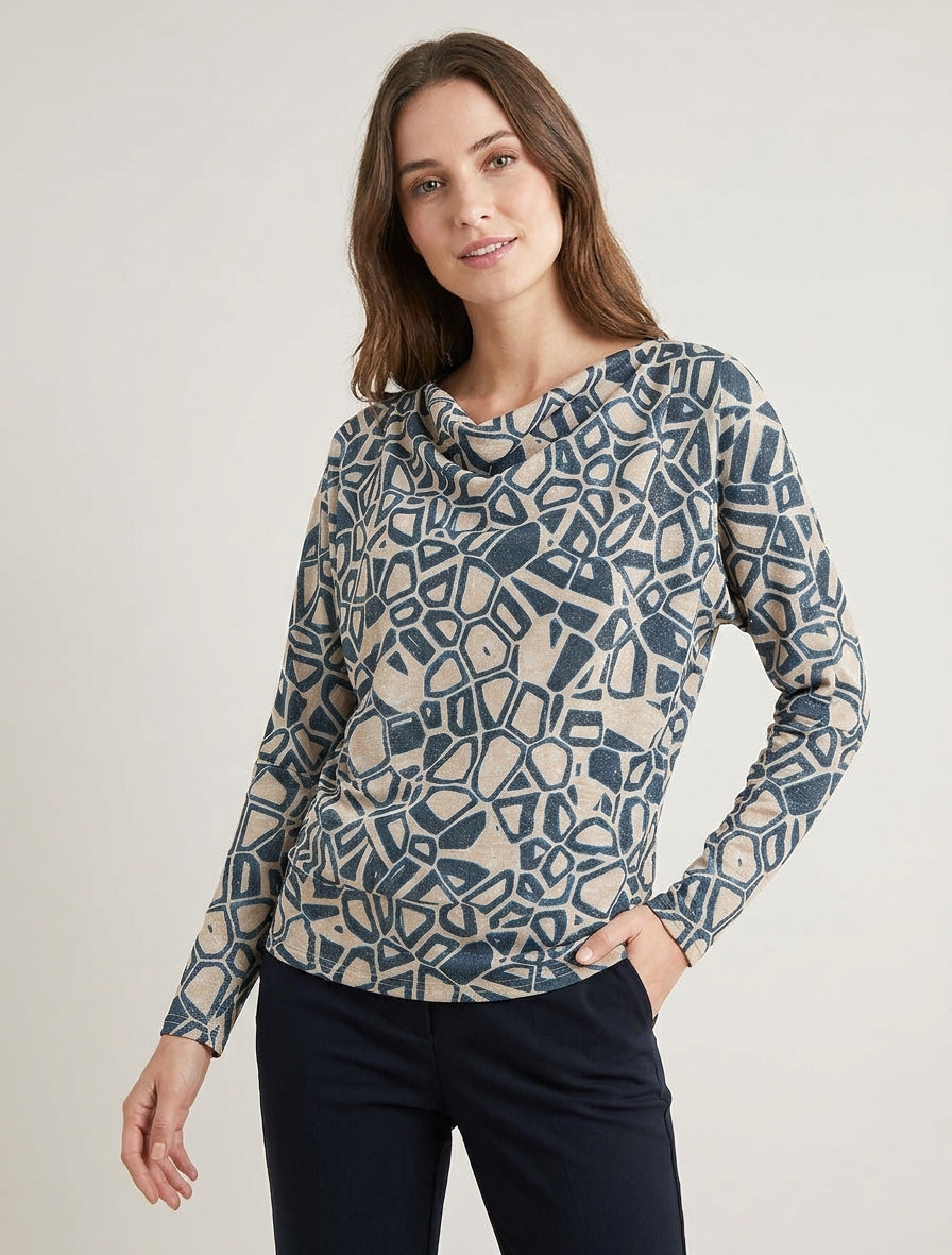 Iridescente top met watervalhals en grafische print - Eendenblauw