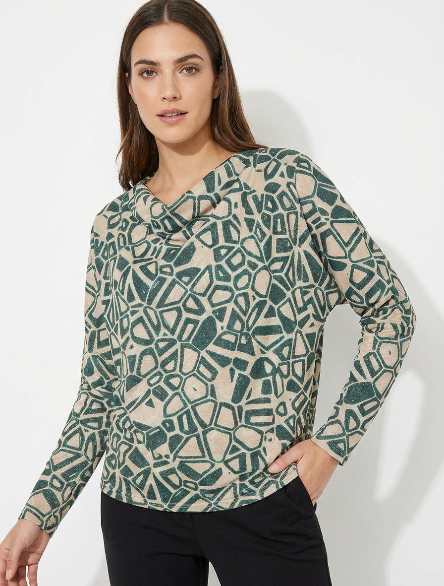 Iridescente top met watervalhals en grafische print - Donkergroen
