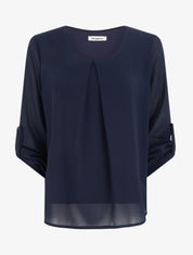 Top uni en voile à manches retroussables - Marine - 1