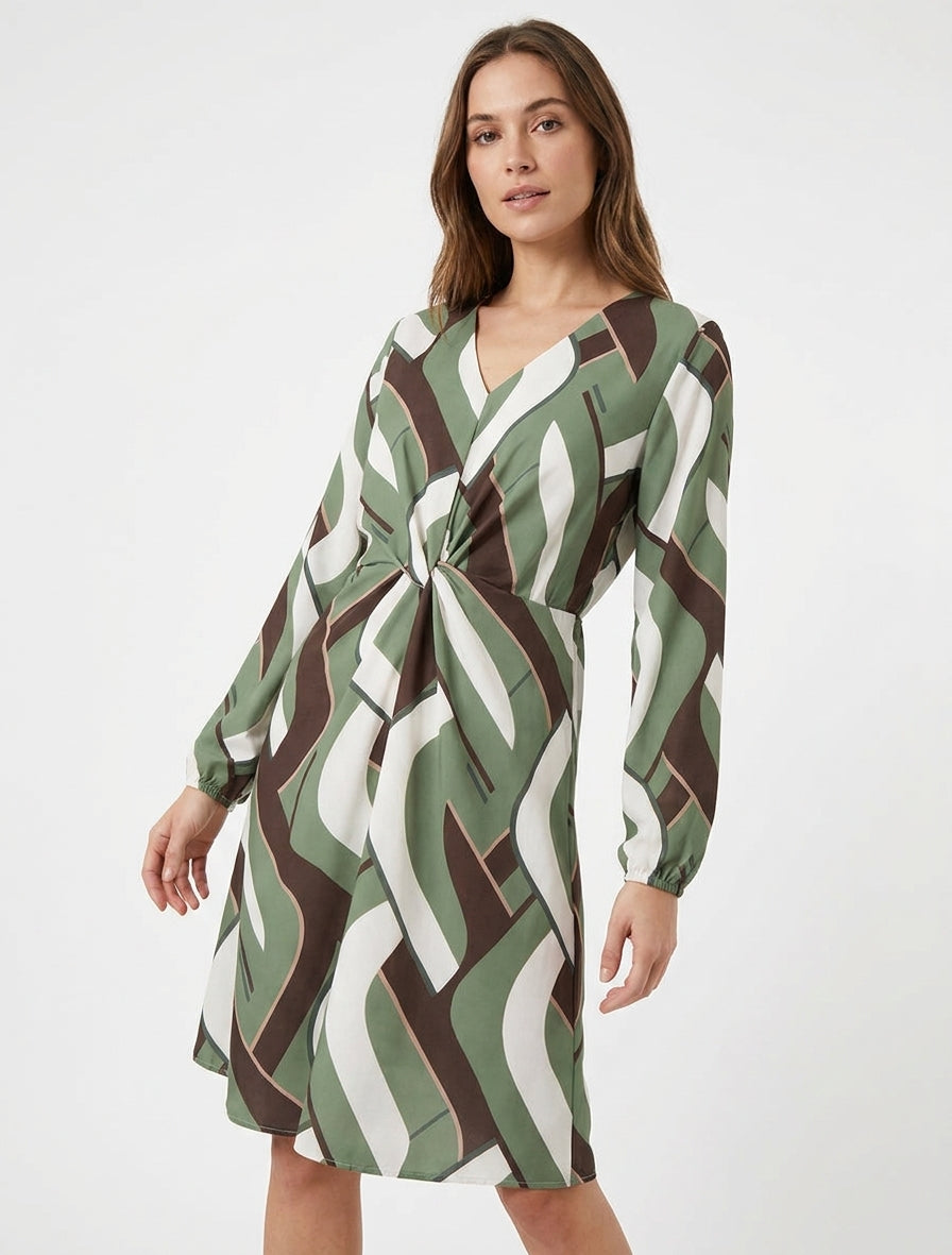 Jurk met lange mouwen en grafische print - Kaki