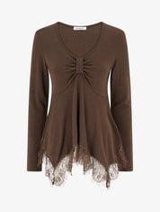 Pull fin bords asymétriques en dentelle - Marron - 1