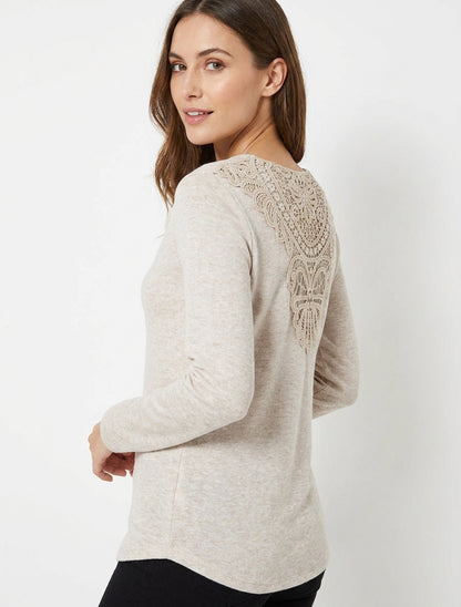 Fijne effen trui met geborduurde achterkant - Beige