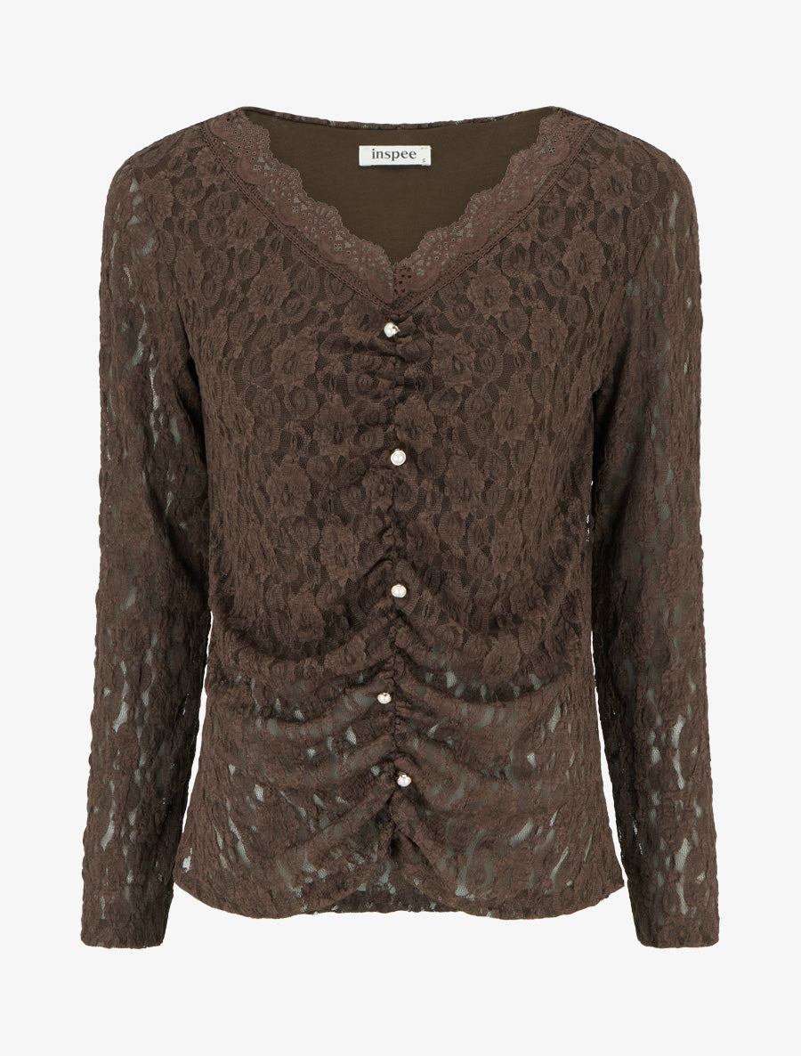 Top dentelle effet froncé à boutons décoratifs - Marron - 1