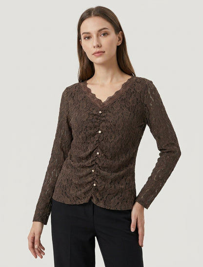 Top van kant met gerimpeld effect en decoratieve knopen - Bruin