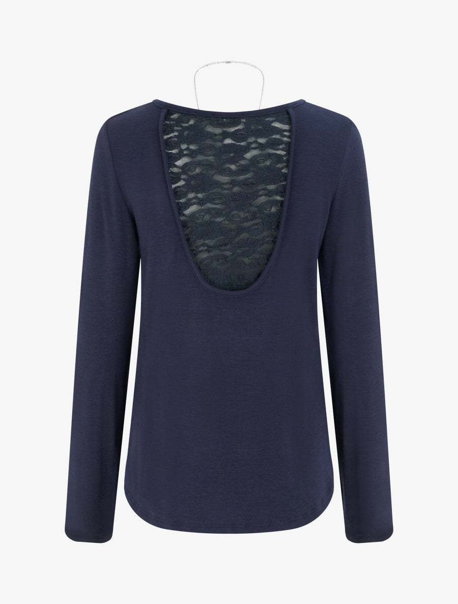 Pull coupe droite à dos en dentelle - Marine - 2