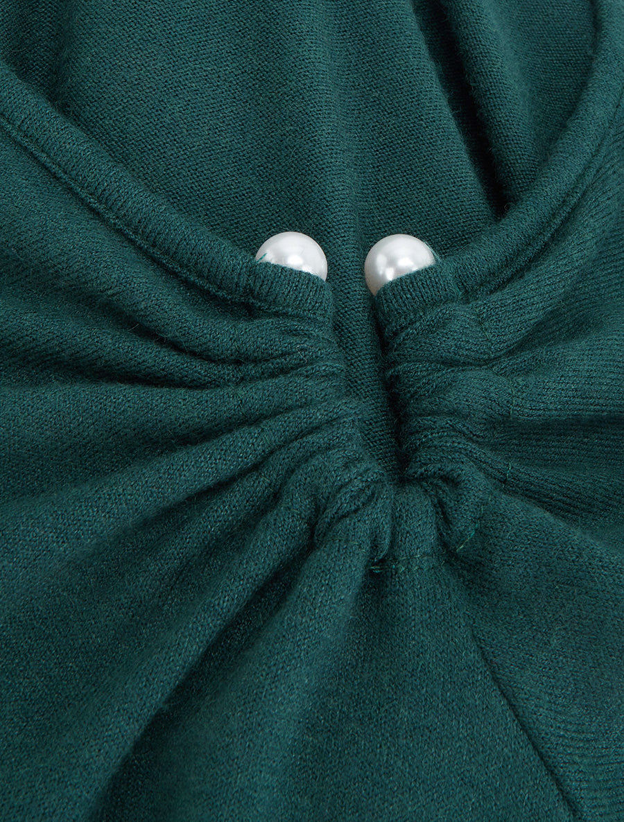 Pull fin droit à col carré à bijou perles - Vert foncé - 3