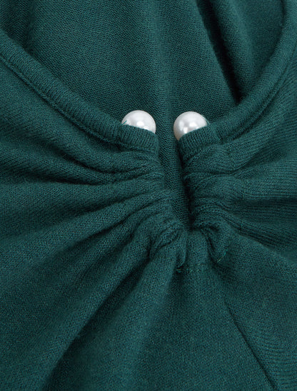 Pull fin droit à col carré à bijou perles - Vert foncé - 3