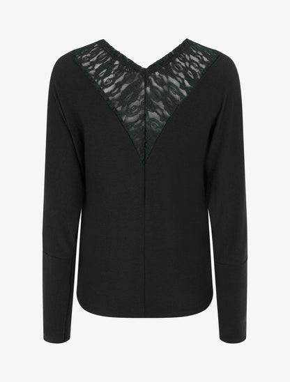 Pull à col bénitier et dos en V à dentelle - Noir - 2