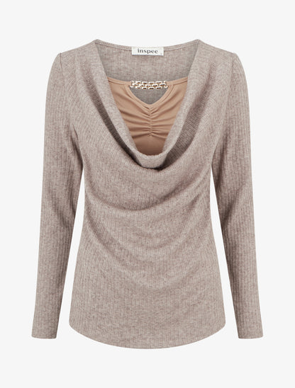 Pull côtelé à col bénitier et bijou - Taupe - 1