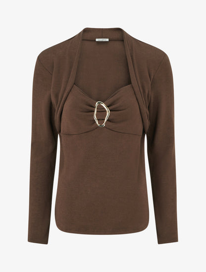 Pull à col carré effet drapé à bijou - Marron - 1
